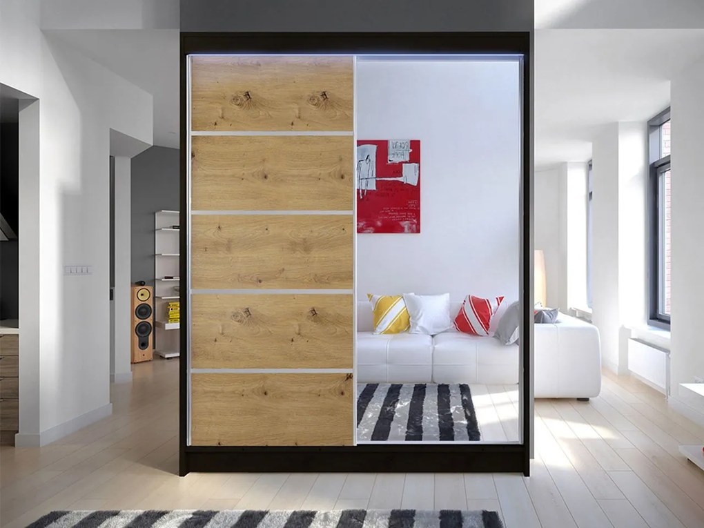 Šatníková skriňa Belgia III, Farby: čierna / biela + zrkadlo, Osvetlenie: osvetlenie LED RGB - farebné