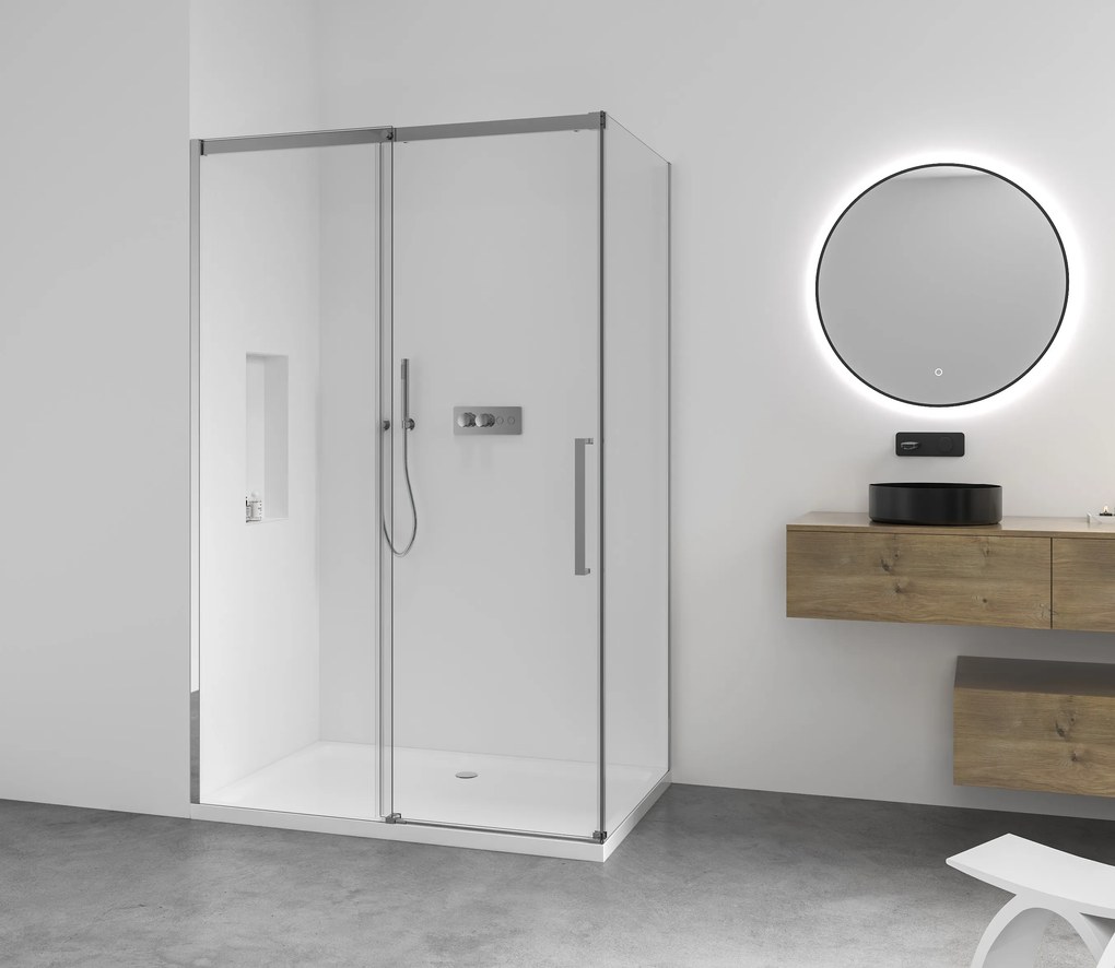Cerano Lantono, sprchovací kút s posuvnými dverami 130(dvere) x 100(stena) x 195 cm, 8mm číre sklo, chrómový profil, CER-CER-432193