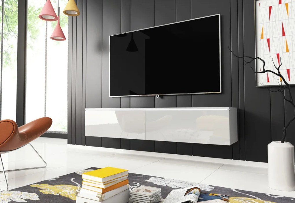 TV stolík MENDES D 140, 140x30x32, biela/biela lesk