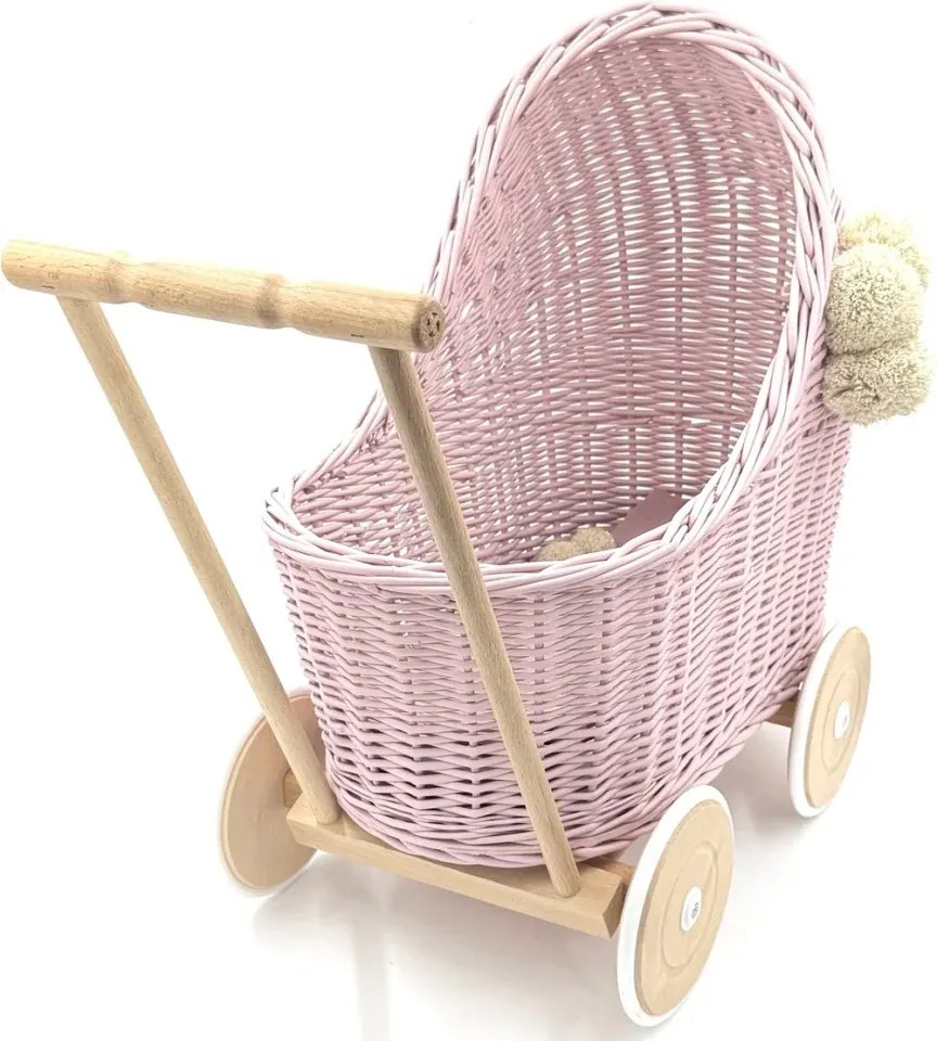 Prútený kočík pre bábiky ružová