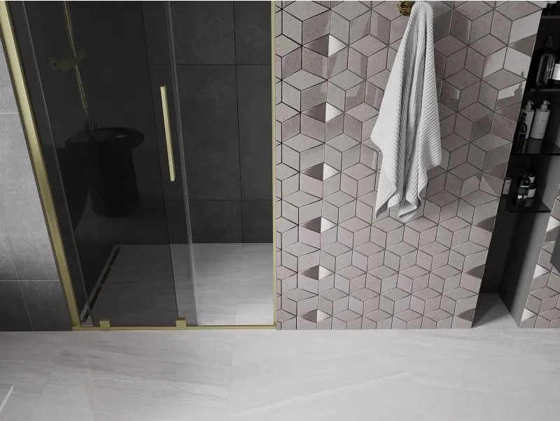 Mexen Velar, posuvné sprchové dvere do otvoru 110 cm, 8mm šedé sklo, zlatá matná, 871-110-000-41-55