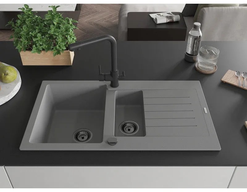 Mexen Matias, granitový drez 900x505x200 mm, 1,5-komorový a čierna batéria Duero, šedá, 6502-71-671600-70-B