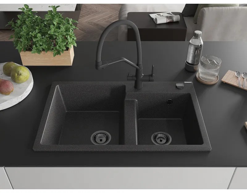 Mexen Tomas, 2-komorový granitový drez 800x500x190 mm a kuchynská batéria Duo, čierna škvrnitá, 6516-76-671701-70-B