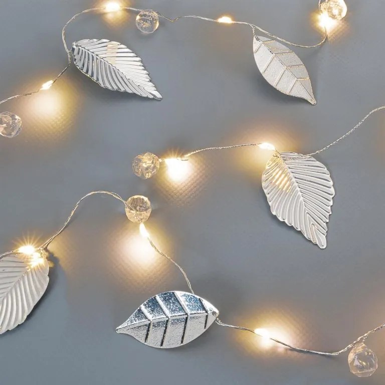 Osvetlenie perly a strieborné listy, 20 LED, tep. biela,2 ks