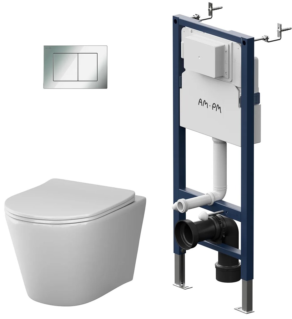 Toaletný set s inštaláciou AM.PM IIS90251.PA1900 bezokrajové, so sedadlom microlift, chróm mechanické tlačidlo na splachovanie