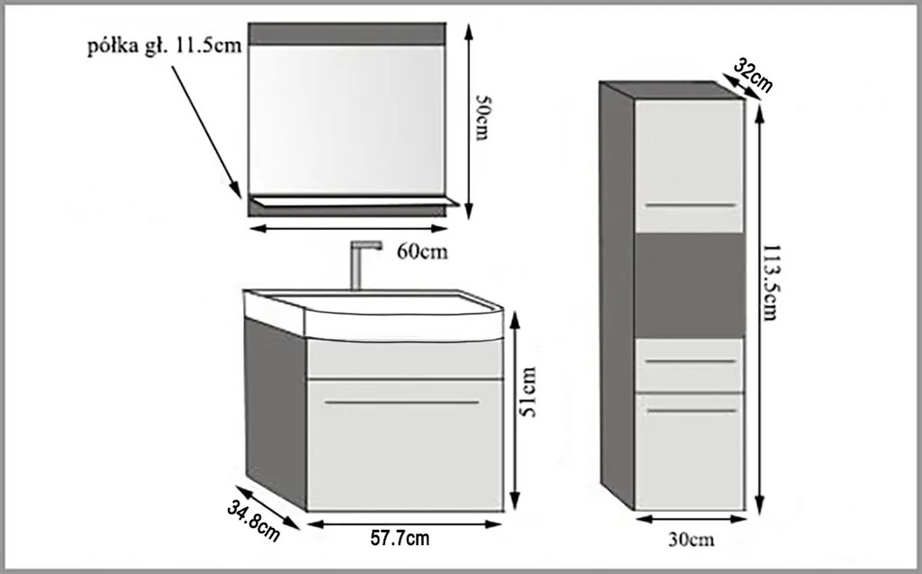 Kúpeľňový nábytok Belini šedý lesk / šedý mat + umývadlo + zrkadlo ROD PM 3/0/W/SSR/0/ZW