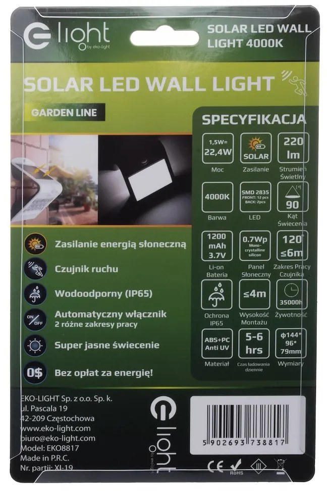 Ecolamp Exteriérové solárne nástenné LED svietidlo Butterfly, 1x LED 1,5w, biela, pohybový senzor