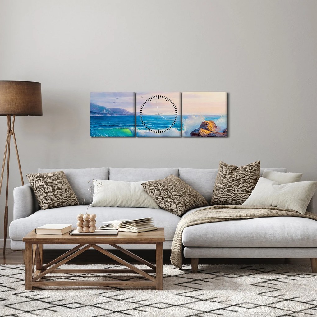 Obraz vĺn narážajúcich na útesy, olejomaľba (s hodinami) (90x30 cm)