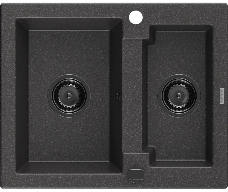 Mexen Carlos, granitový drez 582x475x177 mm, 1,5-komorový, čierna škvrnitá s čiernym sifónom, 6518581500-76-B