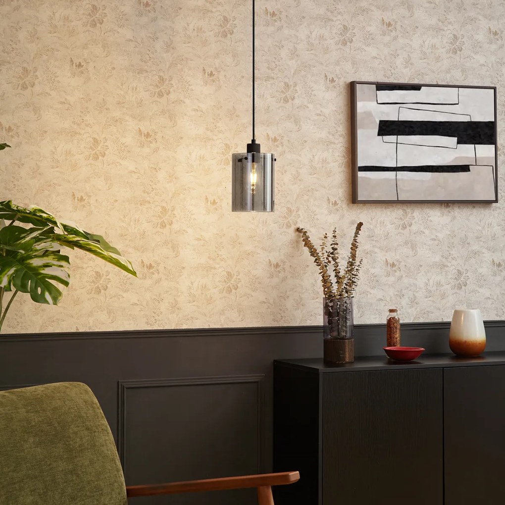 Dizajnové závesné svietidlo čierne s dymovým sklom - Domo