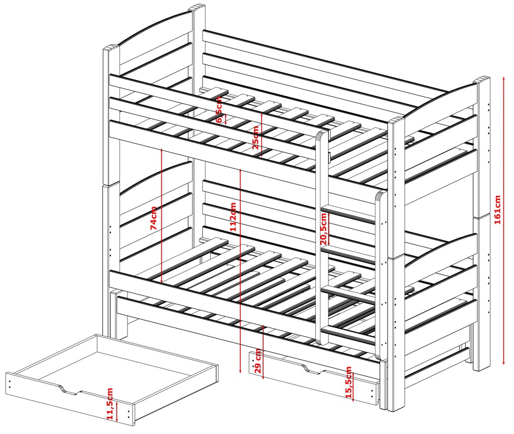 Detská poschodová posteľ z masívu borovice CYRIL s prístelkou a šuplíky - 200x90 cm - BIELA