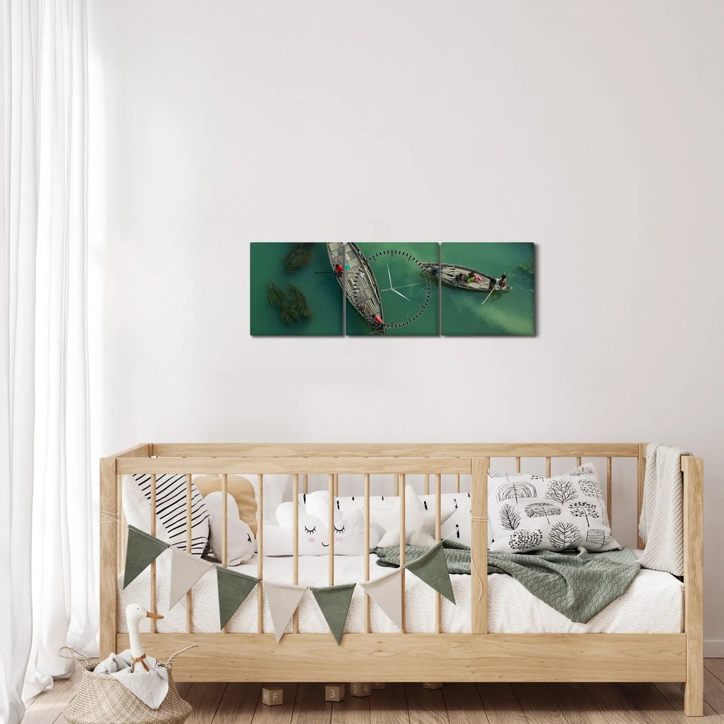 Obraz - Rybári na rieke (s hodinami) (90x30 cm)