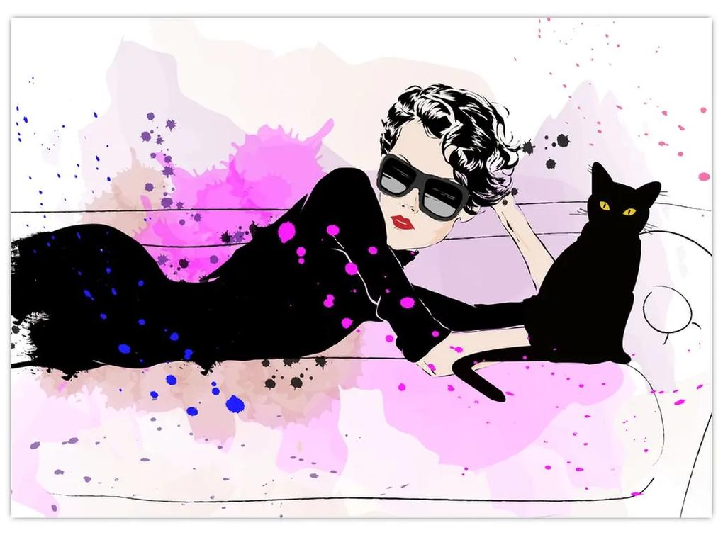 Obraz - Žena s čiernou mačkou (70x50 cm)