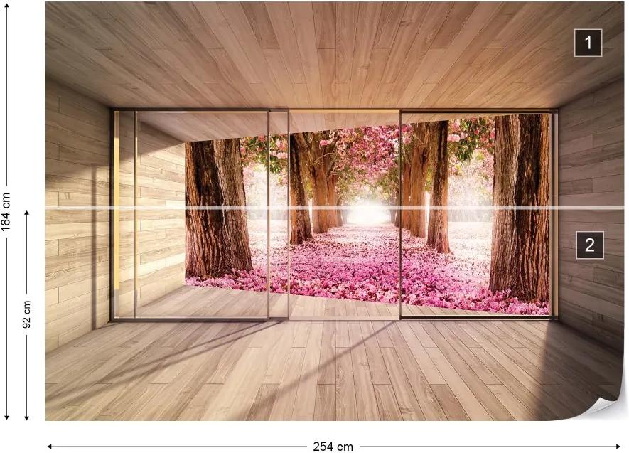 GLIX Fototapeta - Forest Pink Blossom 3D Modern Window View Vliesová tapeta  - 254x184 cm
