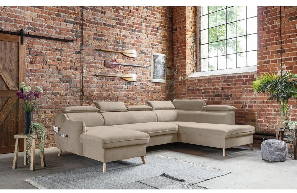 Béžová zamatová rozkladacia rohová pohovka do "U" (pravý roh) Sweet Harmony – Miuform