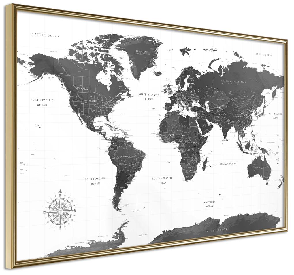 Artgeist Plagát - Monochrome Map [Poster] Veľkosť: 45x30, Verzia: Zlatý rám s passe-partout