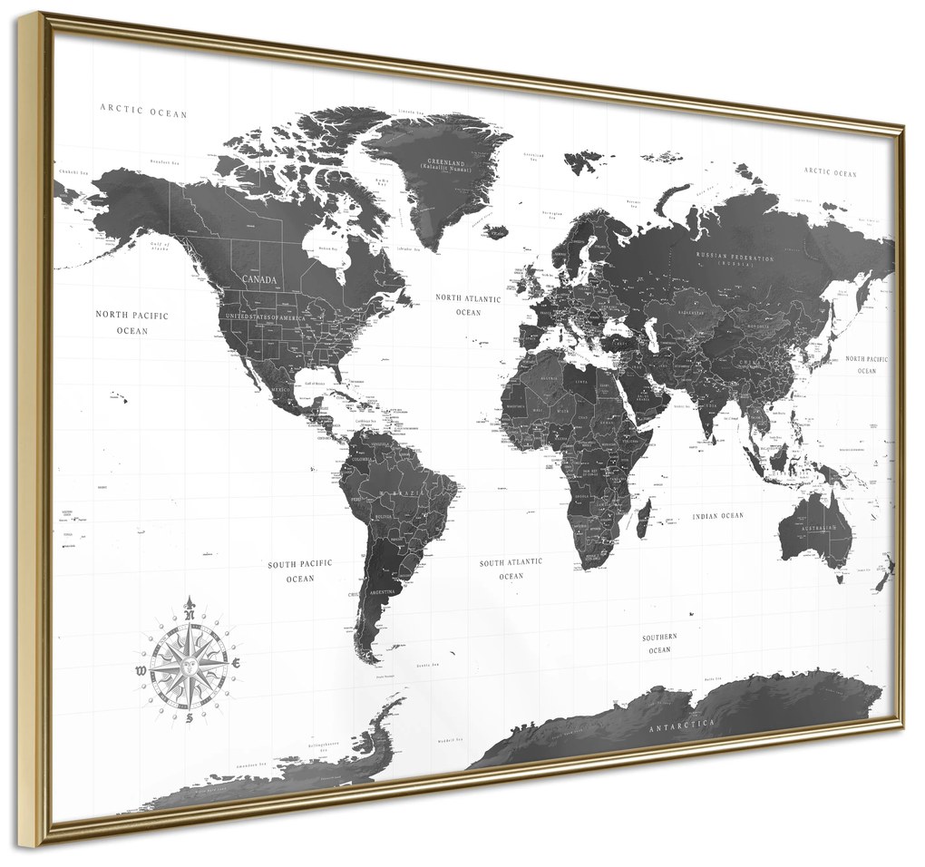Artgeist Plagát - Monochrome Map [Poster] Veľkosť: 90x60, Verzia: Zlatý rám