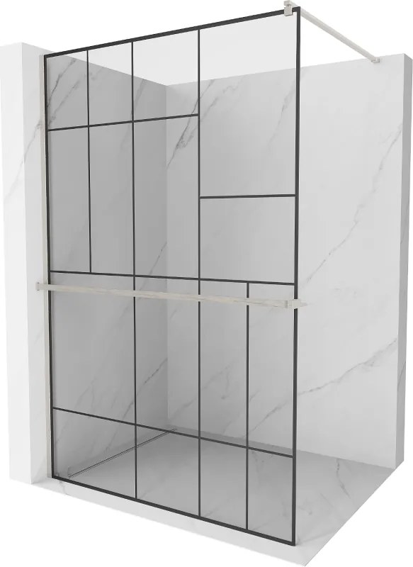Mexen Kioto+, sprchová zástena Walk-In s poličkou a vešiakom 70 x 200 cm, 8mm číre sklo čierny vzor, brúsená oceľ profil, 800-070-121-97-78