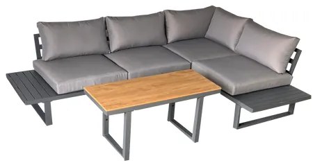 Hliníkový set: Rohová pohovka na terasu + stolík - hranaté so sivými vankúšmi