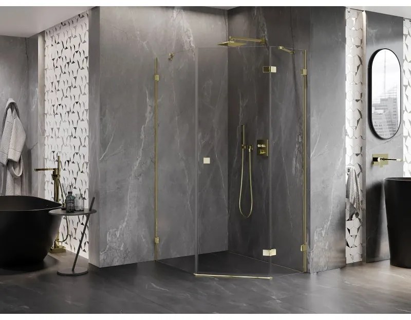 Mexen Lunar, výklopný päťuholníkový sprchový kút pravý 90 x 100 cm, 8mm číre sklo, zlatý profil, 831-090P-100L-50-00-P