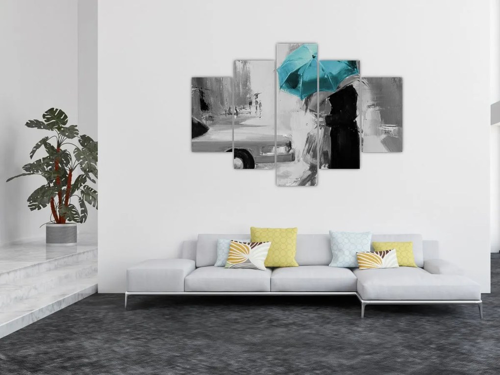 Obraz - Zamilovaný pár s dáždnikom, modrý (150x105 cm)