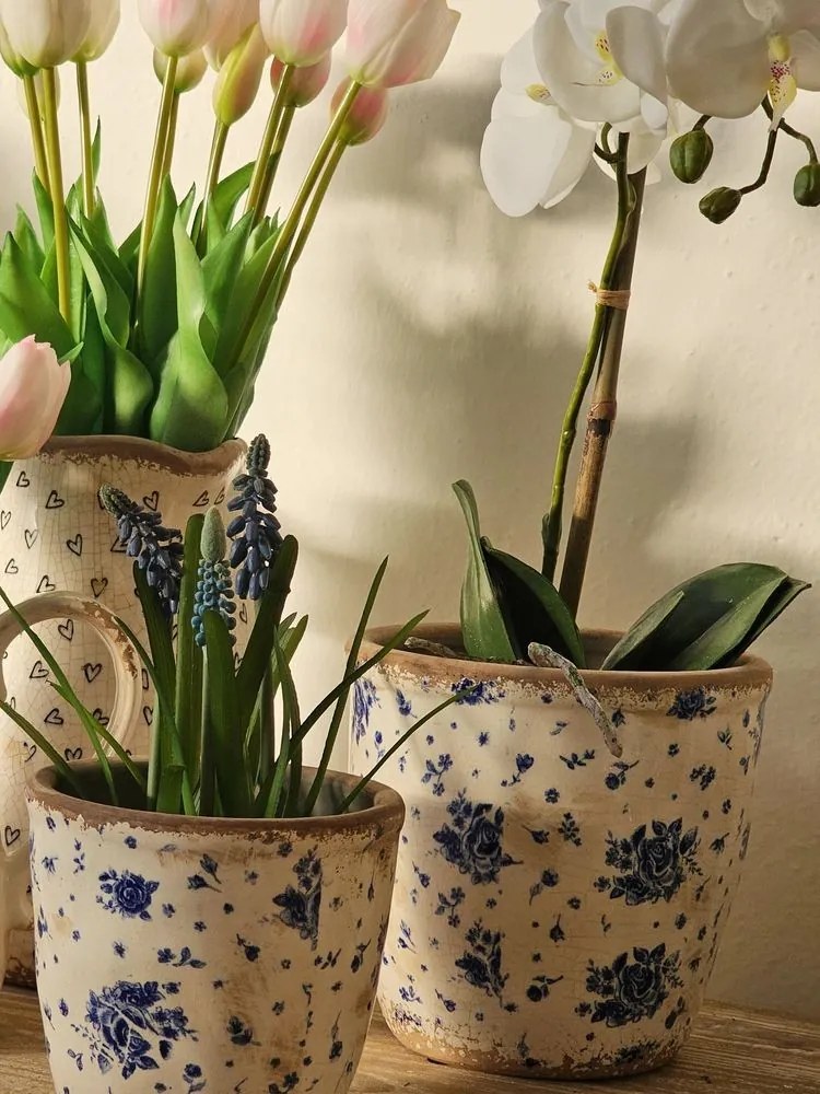 Béžový keramický obal na kvetináč s modrými ružami Blue Rose - Ø 16*16 cm