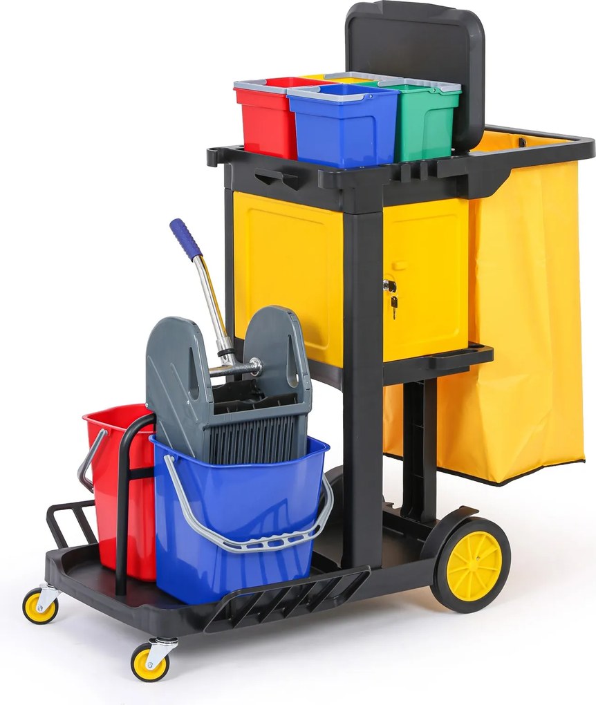 Profesionálny upratovací vozík so 6 vedrami, držiakmi mopov, skrinkou a vrecom s vekom, 1120 × 710 × 1100 mm