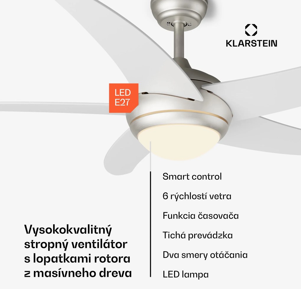 Klarstein Bolero 2 v 1 Smart, stropný ventilátor, Ø 132 cm, svetlo 55 W, diaľkové ovládanie, ovládanie cez aplikáciu, 2 smery chodu