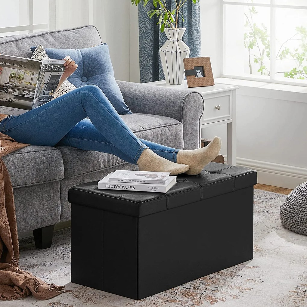 Taburetka 80 L, lavica s úložným priestorom, 76 x 38 x 38 cm, syntetická koža, čierna