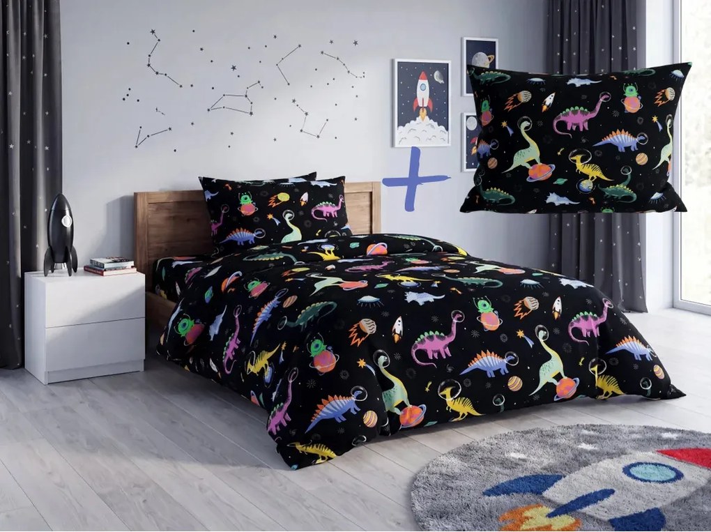 Sada detských obliečok z mikrovlákna DINO SPACE farebné + obliečka na vankúš 50 x 70 cm ZDARMA