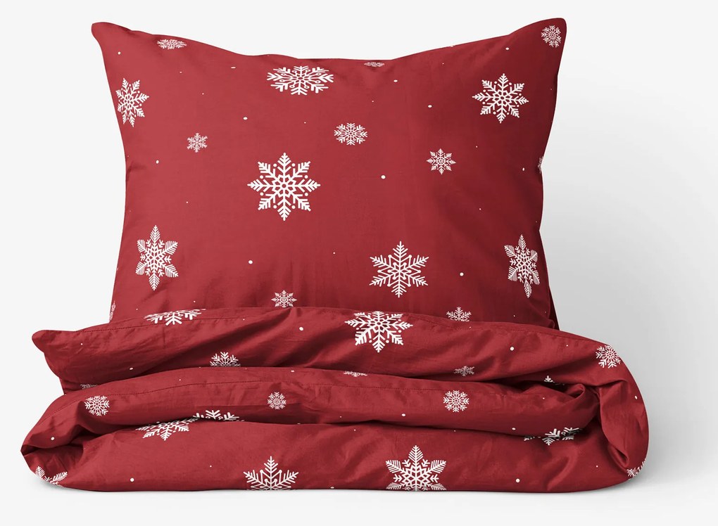 Goldea bavlnené posteľné obliečky - snehové vločky na červenej 150 x 200 a 50 x 60 cm