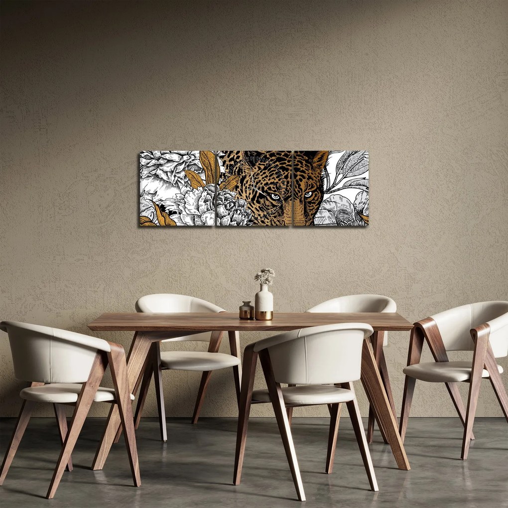 Obraz - Leopard medzi kvetmi (s hodinami) (90x30 cm)