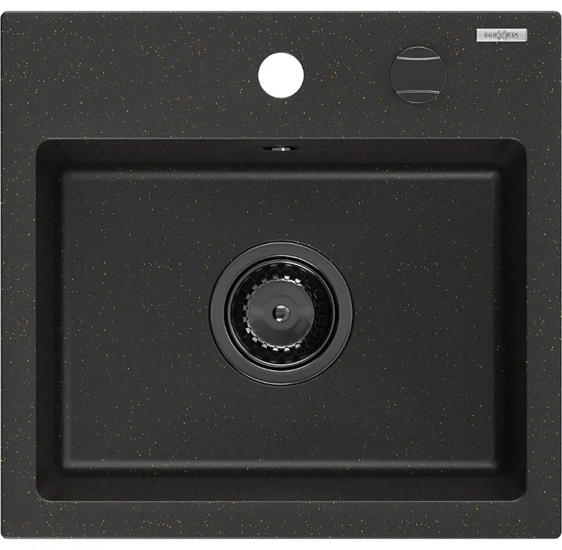 Mexen Milo, granitový drez 435x410x171 mm, 1-komorový, čierna-zlatá metalíza s čiernym sifónom, 6505441000-75-B