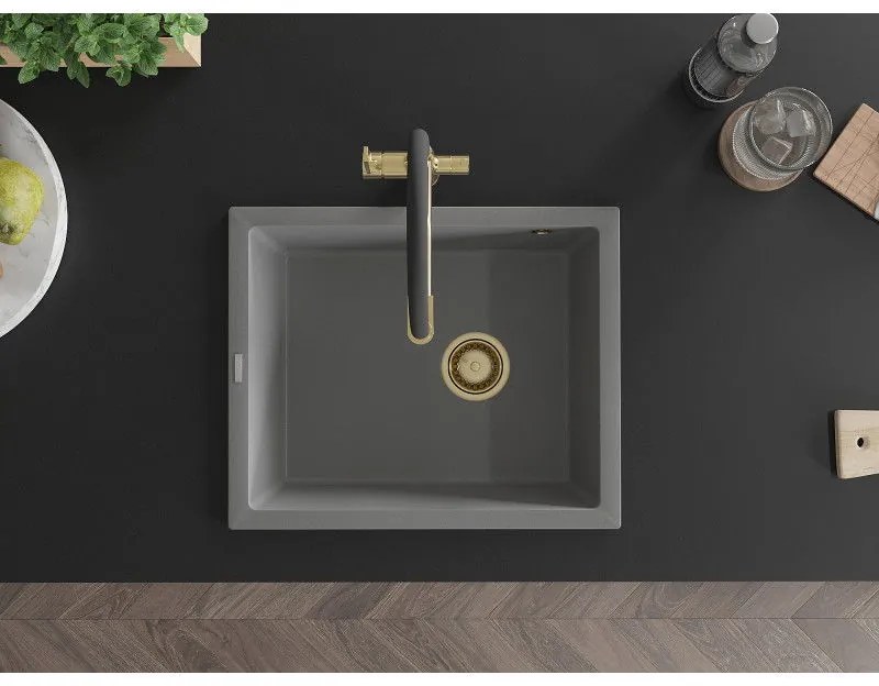 Mexen Pedro, granitový drez 560x460x200 mm, 1-komorový, šedá so zlatým sifónom, 6508561000-71-G