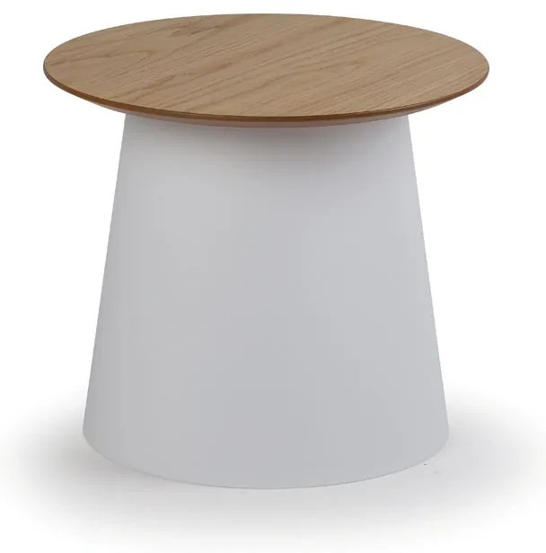 Plastový kávový stolík SETA s drevenou doskou, priemer 49 cm, dub/biela