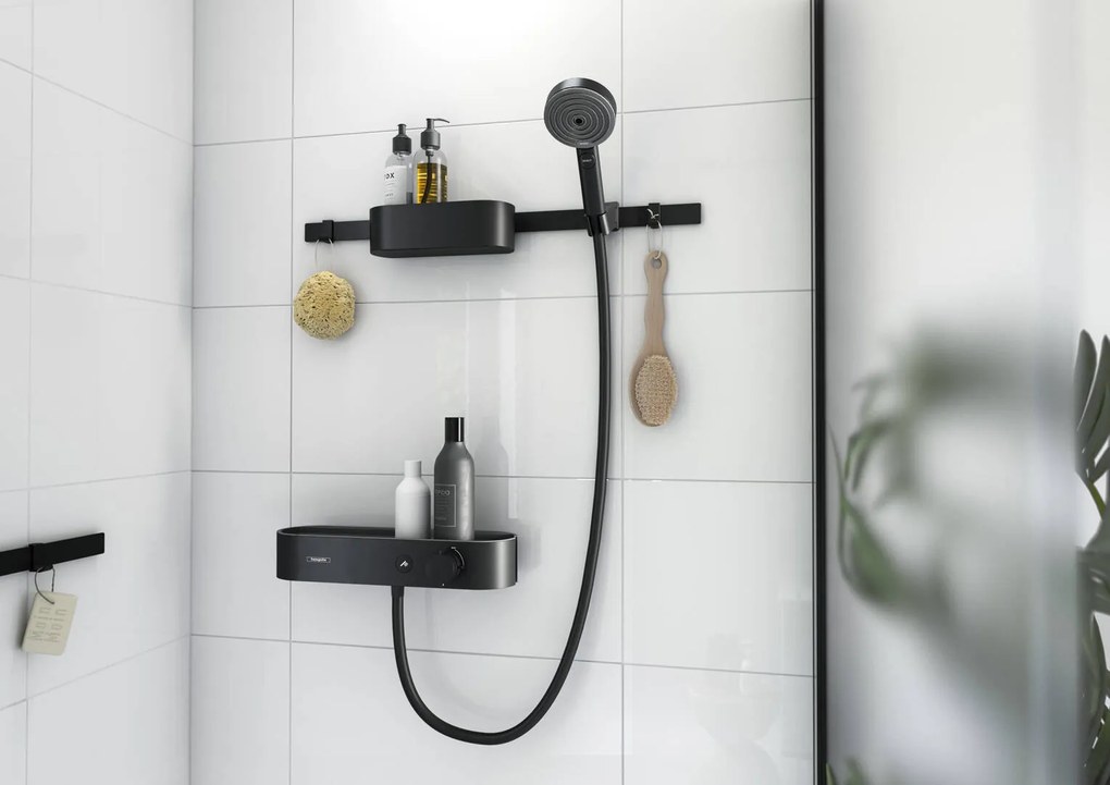 Hansgrohe WallStoris, súprava sprchovej hlavice 105, 3 prúdy, termostatu a kúpeľňových doplnkov, čierna matná, HAN-24250670