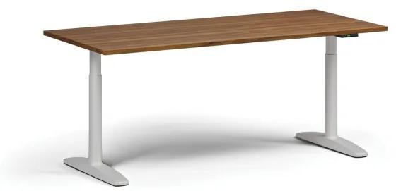 Výškovo nastaviteľný stôl OBOL, elektrický, 675-1325 mm, doska 1800x800 mm, biela zaoblená podnož, orech