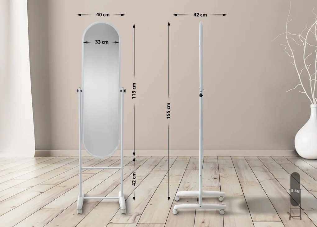 Stojace zrkadlo Nane Oval - 155x40x42 cm - Biela
