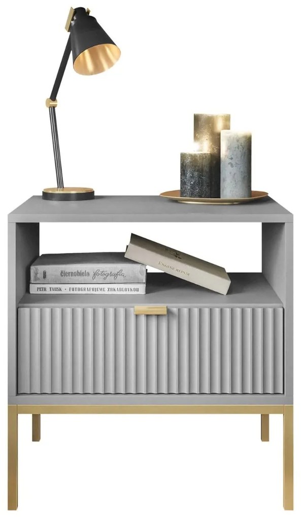 NOČNÝ STOLÍK VIGGO ŠEDÝ + ZLATÝ PODSTAVEC