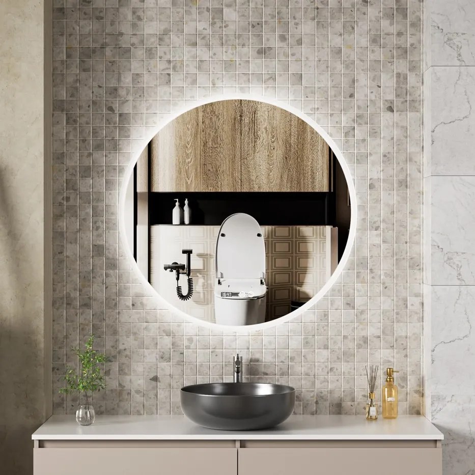 Erga Deam, okrúhle LED zrkadlo 90cm, 3 farby svetla, predné osvetlenie, vyhrievacia podložka proti zapareniu, ERG-V01-Deam-9090-CL