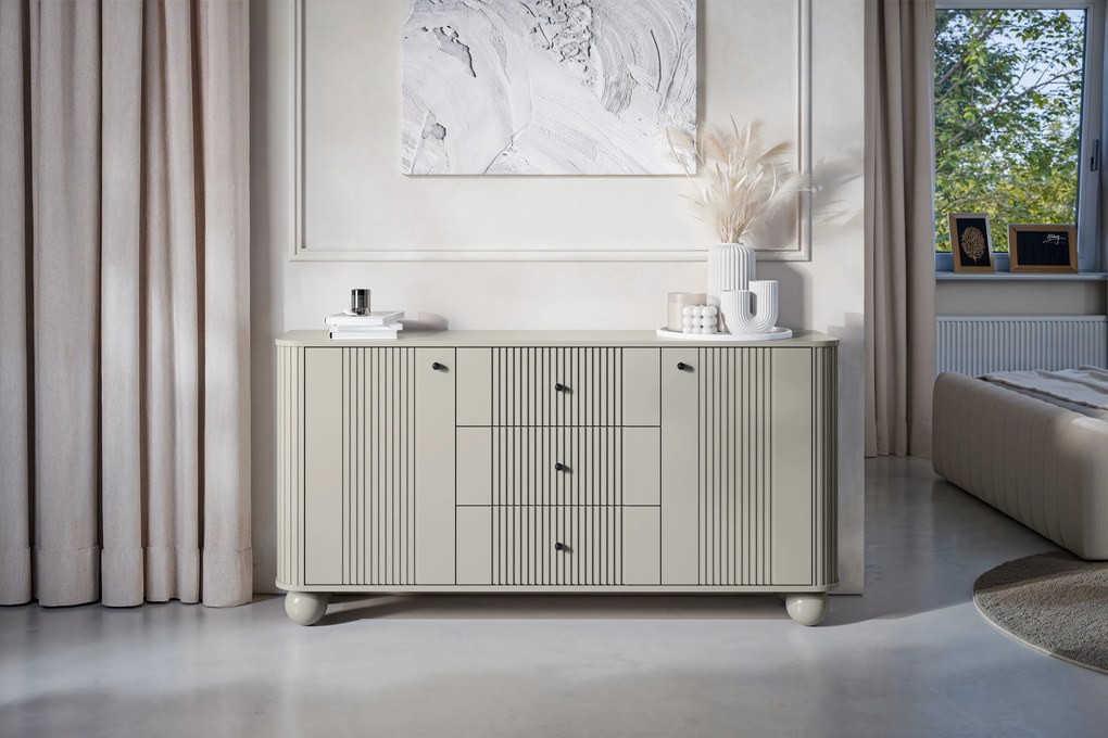 Komoda so zásuvkami Vesper 160 cm - kašmír / čierne úchytky / guľaté nohy