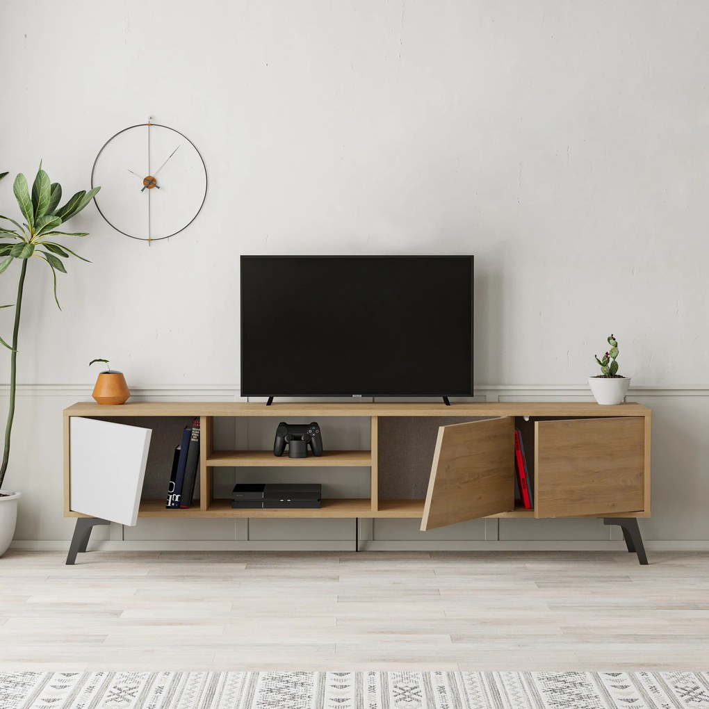 TV stolík/skrinka Fila (Dub + Biela). Akcia -18%. Vlastná spoľahlivá doprava až k Vám domov. 1073476