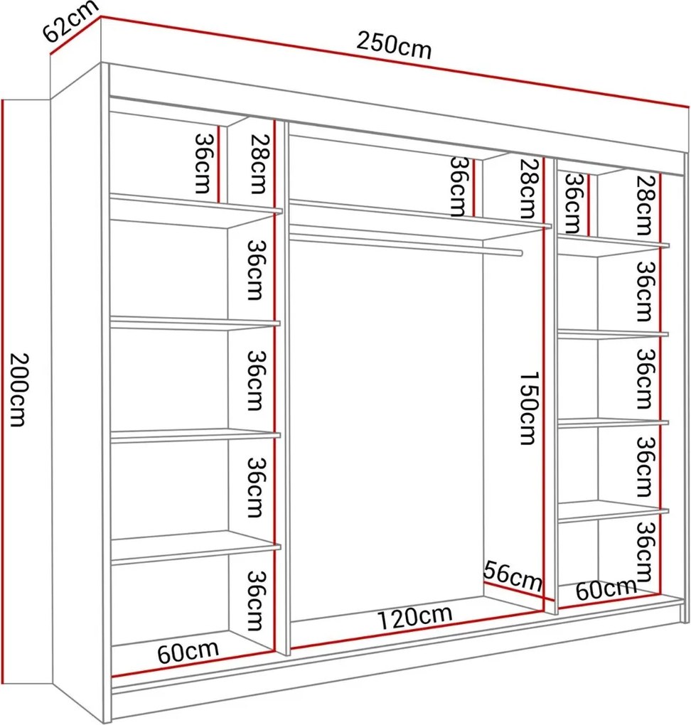 ŠATNÍKOVÁ SKRIŇA S POSUVNÝMI DVERAMI NINA JASEŇ TMAVÝ + ZRKADLO 250 cm