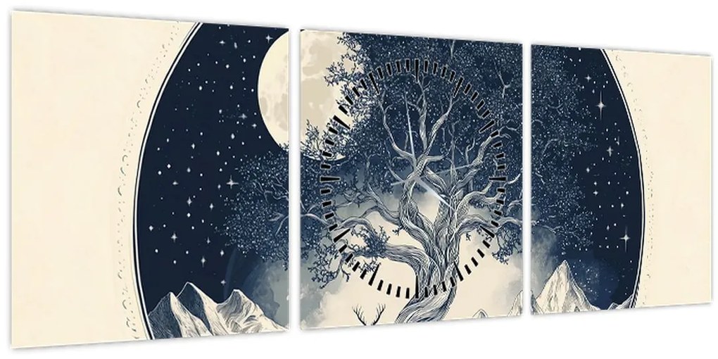 Obraz – Magický strom s jeleňom I. (s hodinami) (90x30 cm)