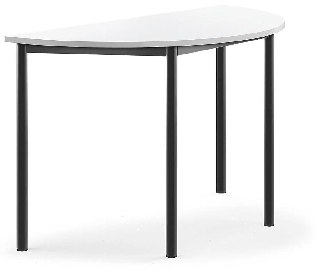 Stôl SONITUS, polkruh, 1200x600x720 mm, HPL - biela, antracit