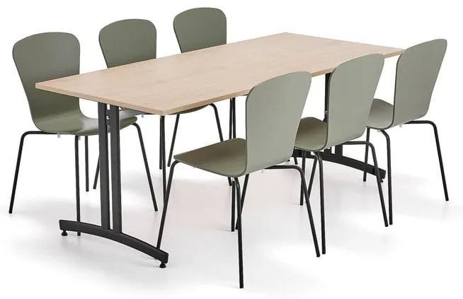 Zostava nábytku SANNA + MILLA, 1 stôl, 6 stoličiek, čierna/olivová zelená