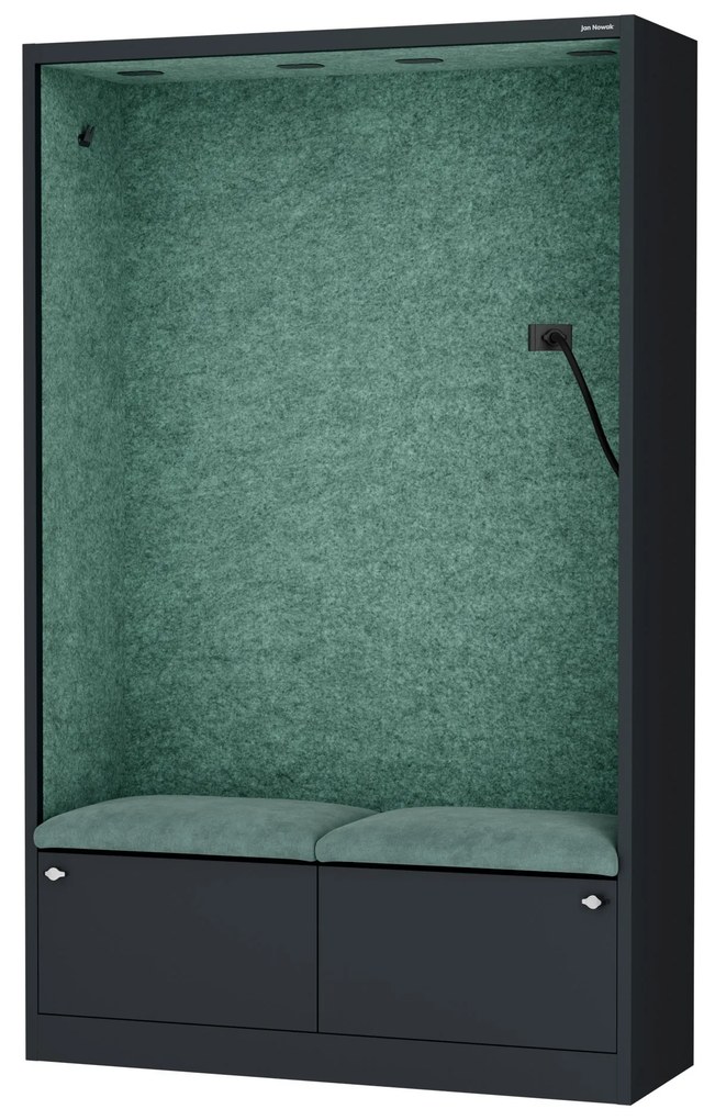 Kancelárska akustická kabína so sedadlom a portom USB-C, telo v antracitovej farbe / sedadlo v zelenej farbe, 1150 mm: SALLY MentalBox