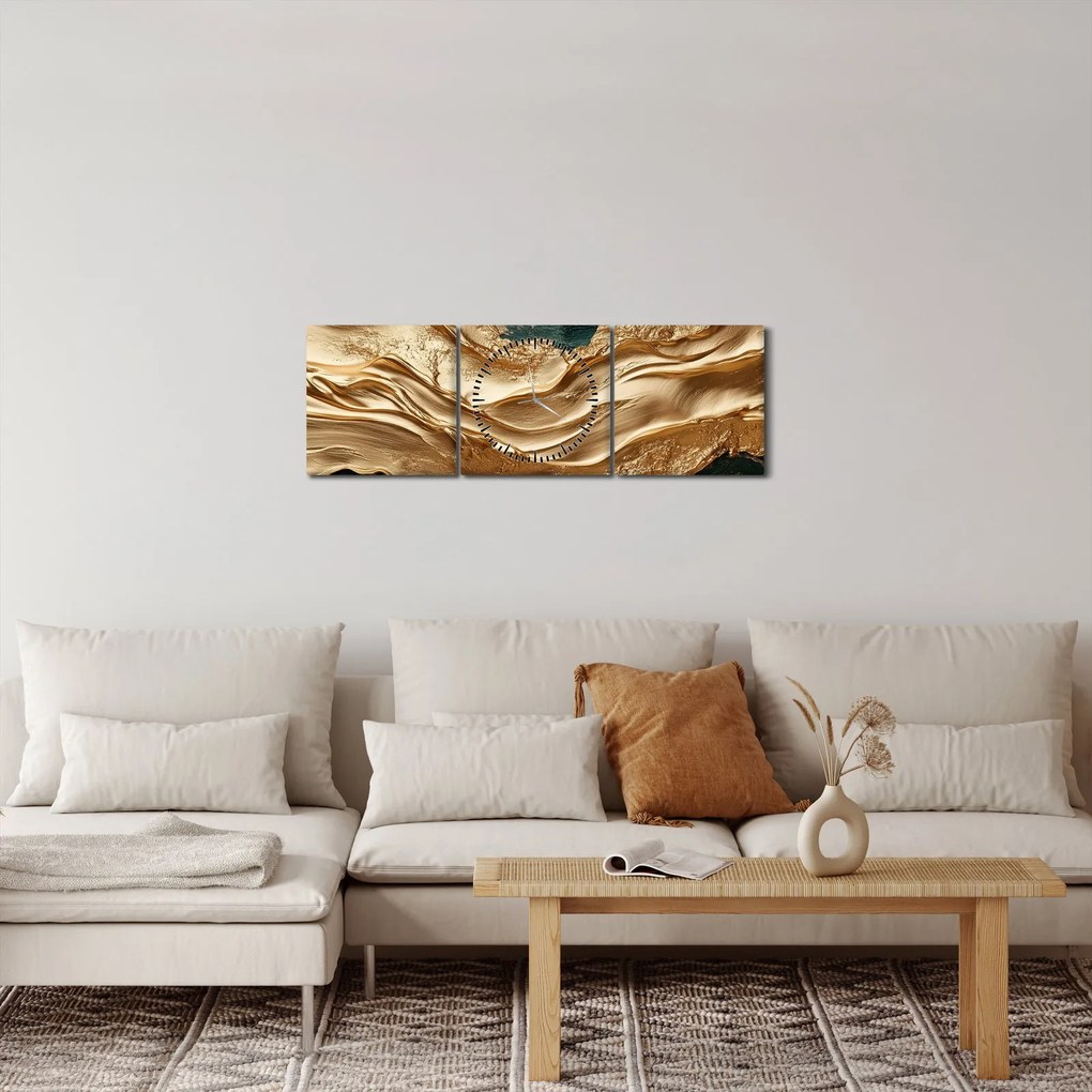 Obraz - Zelená abstrakcia so zlatom II. (s hodinami) (90x30 cm)