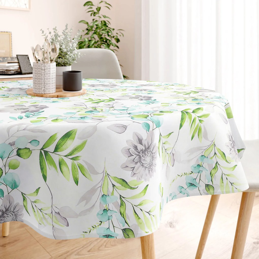 Goldea okrúhly obrus 100% bavlnené plátno deluxe - eukalyptus s kvety Ø 100 cm