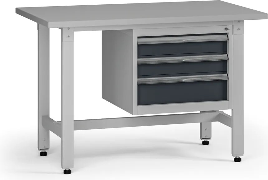 Výškovo nastaviteľný dielenský stôl G5, 1200 x 750 x 800-1000 mm, 1x kontajner, 3 zásuvky, grafit